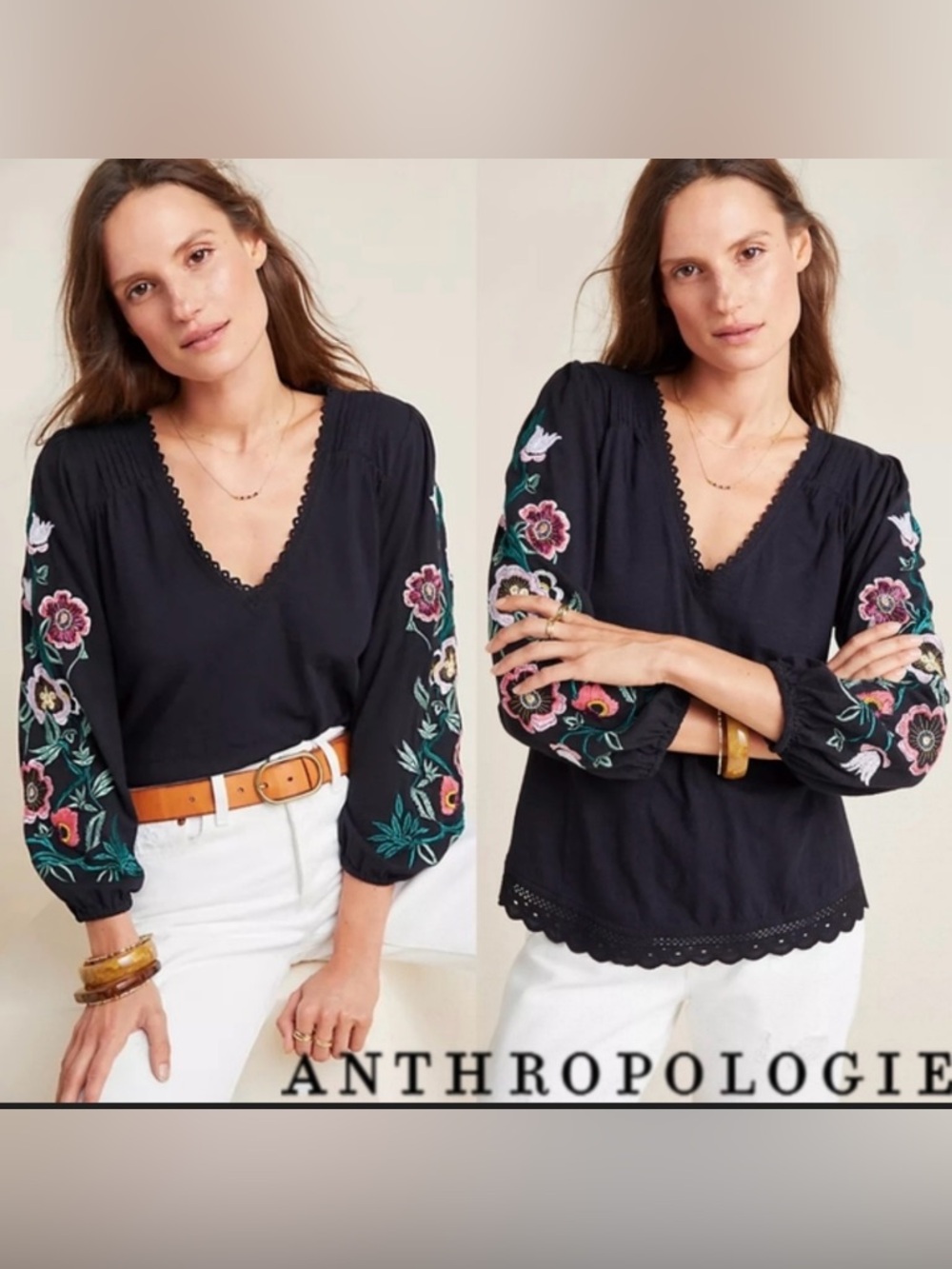 Anthropologie Black V-Neck Embroidered Floral Peasant Blouse Small